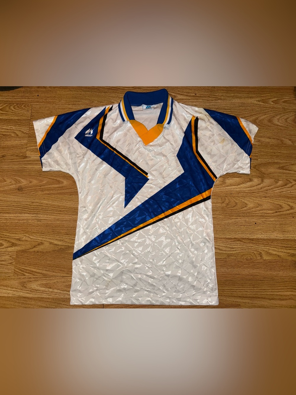 Early 1990’s single Stitch Geometric shiny Soccer Jersey MBF Sz L  Made in USA